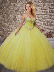 Graceful Straps Sleeveless Sweet 16 Dress Floor Length Beading Yellow Green Tulle