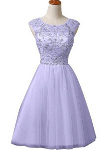 Lavender A-line Tulle Scoop Sleeveless Beading Mini Length Zipper Prom Evening Gown