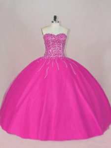 Tulle Sweetheart Sleeveless Lace Up Beading 15 Quinceanera Dress in Fuchsia