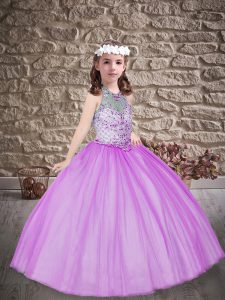 Enchanting Lilac Sleeveless Floor Length Beading Lace Up Little Girls Pageant Dress Wholesale