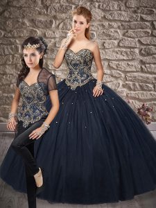 Navy Blue Tulle Lace Up Sweetheart Sleeveless Quinceanera Gowns Brush Train Beading