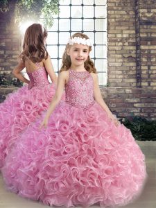 Simple Pink Scoop Lace Up Beading Kids Formal Wear Sleeveless
