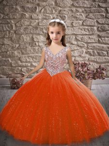 Sleeveless Floor Length Beading Zipper Pageant Dress Wholesale with Orange Red