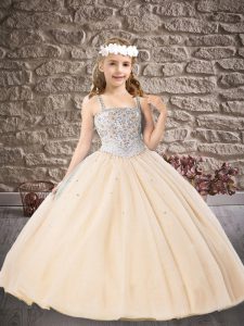 Champagne Ball Gowns Tulle Straps Sleeveless Beading and Appliques Floor Length Lace Up Pageant Dress Womens