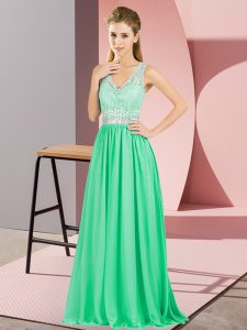 Fashionable Apple Green Empire V-neck Sleeveless Chiffon Floor Length Backless Beading and Lace and Appliques Homecoming