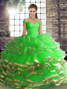 Flare Green Ball Gowns Off The Shoulder Sleeveless Tulle Floor Length Lace Up Beading and Ruffled Layers 15th Birthday D
