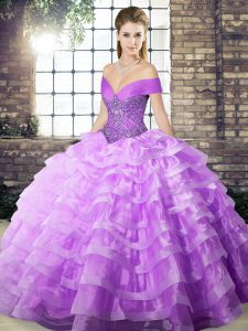 Best Lavender Quinceanera Gown Off The Shoulder Sleeveless Brush Train Lace Up