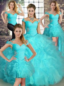 Aqua Blue Off The Shoulder Neckline Beading and Ruffles Ball Gown Prom Dress Sleeveless Lace Up