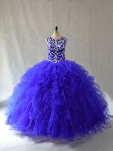 Designer Sleeveless Tulle Floor Length Lace Up Quinceanera Gown in Royal Blue with Beading and Ruffles