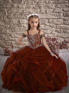Brown Ball Gowns Beading and Ruffles Little Girl Pageant Gowns Lace Up Tulle Sleeveless