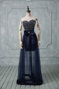 Tulle Sweetheart Sleeveless Lace Up Beading and Bowknot Prom Evening Gown in Navy Blue