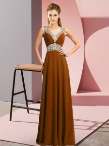 Traditional Brown Lace Up Runway Inspired Dress Beading Sleeveless Floor Length