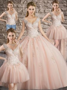V-neck Sleeveless Lace Up Quinceanera Dresses Pink Tulle