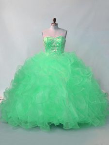 Modern Green Ball Gowns Beading and Ruffles 15th Birthday Dress Lace Up Organza Sleeveless Floor Length