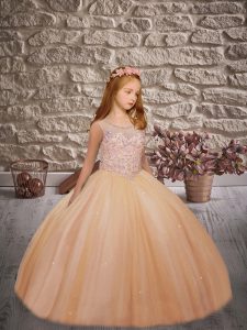 Scoop Sleeveless Little Girl Pageant Dress Floor Length Beading Orange Tulle