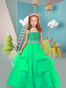 Great Turquoise Square Neckline Beading and Ruffles Child Pageant Dress Sleeveless Zipper