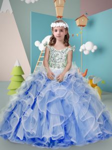 Nice Floor Length Zipper Pageant Dress Toddler Blue for Wedding Party with Beading and Ruffles
