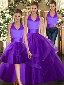 Gorgeous Halter Top Sleeveless Lace Up Quinceanera Dresses Purple Tulle