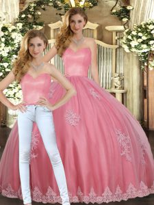 Floor Length Lace Up 15th Birthday Dress Watermelon Red for Military Ball and Sweet 16 and Quinceanera with Appliques