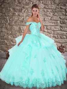 Trendy Apple Green Ball Gowns Off The Shoulder Sleeveless Tulle Floor Length Lace Up Beading and Lace Quince Ball Gowns