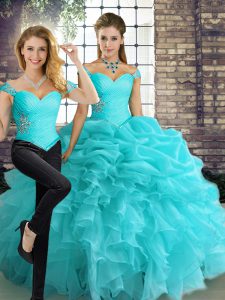 Charming Floor Length Aqua Blue Quinceanera Gown Organza Sleeveless Beading and Ruffles and Pick Ups