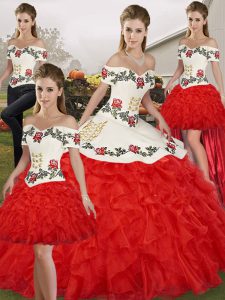 Attractive White And Red Ball Gowns Organza Off The Shoulder Sleeveless Embroidery and Ruffles Floor Length Lace Up Quin