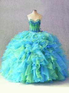 Cute Multi-color Lace Up 15th Birthday Dress Beading and Ruffles Sleeveless Floor Length