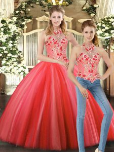 Adorable Floor Length Coral Red Sweet 16 Quinceanera Dress Tulle Sleeveless Embroidery