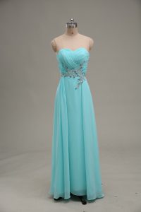 Sophisticated Aqua Blue Chiffon Zipper Sweetheart Sleeveless Floor Length Homecoming Dress Appliques and Ruching