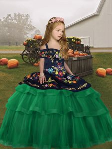 Green Sleeveless Floor Length Embroidery and Ruffled Layers Lace Up Child Pageant Dress