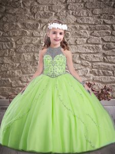 Halter Top Sleeveless Sweep Train Lace Up Little Girls Pageant Dress Wholesale Yellow Green Tulle