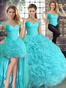 Aqua Blue Fabric With Rolling Flowers Lace Up Sweet 16 Quinceanera Dress Sleeveless Floor Length Beading