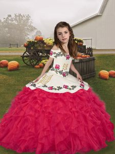 Excellent Coral Red Sleeveless Embroidery and Ruffles Floor Length Kids Pageant Dress