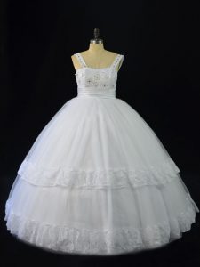 White A-line Beading and Appliques Sweet 16 Dress Lace Up Tulle Sleeveless Floor Length