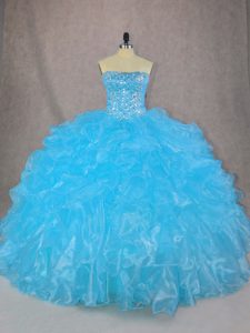 Attractive Blue Lace Up Strapless Beading and Ruffles Ball Gown Prom Dress Organza Sleeveless