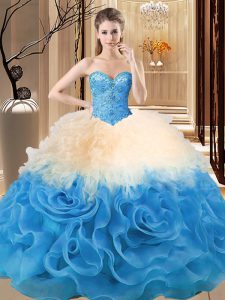 Organza and Fabric With Rolling Flowers Sleeveless Floor Length Quinceanera Dress and Beading and Ruffles