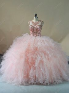 Hot Selling Scoop Sleeveless Tulle 15 Quinceanera Dress Beading and Ruffles Brush Train Lace Up