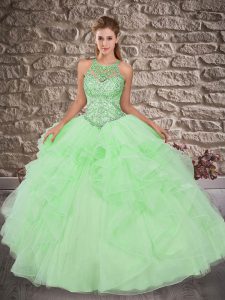 Inexpensive Sleeveless Tulle Brush Train Lace Up Quinceanera Gowns in with Beading and Ruffles