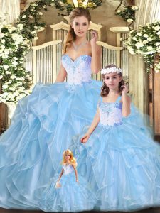 Custom Made Blue Sweetheart Neckline Beading and Ruffles Quince Ball Gowns Sleeveless Lace Up