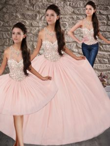 Dynamic Sleeveless Beading Lace Up Ball Gown Prom Dress with Baby Pink Brush Train