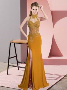 Most Popular Gold Chiffon Backless Dress for Prom Sleeveless Floor Length Lace and Appliques