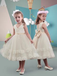 Extravagant White Sleeveless Lace and Bowknot Tea Length Flower Girl Dresses