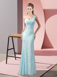 Latest Light Blue Criss Cross One Shoulder Beading and Lace Prom Dresses Lace Sleeveless