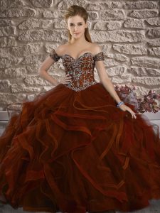 Custom Design Sweetheart Sleeveless Quince Ball Gowns Sweep Train Beading and Ruffles Rust Red Tulle