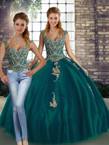 Floor Length Peacock Green Sweet 16 Dress Straps Sleeveless Lace Up