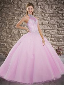On Sale Halter Top Sleeveless Ball Gown Prom Dress Brush Train Beading Lilac Tulle