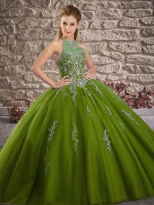 Fine Beading and Appliques Quinceanera Gown Olive Green Lace Up Sleeveless Brush Train