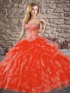 Sweetheart Sleeveless Brush Train Lace Up 15th Birthday Dress Red Organza and Lace