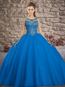 Inexpensive Sleeveless Floor Length Beading Lace Up Quinceanera Gowns with Blue