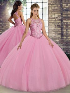 Sophisticated Scoop Sleeveless Lace Up 15 Quinceanera Dress Pink Tulle